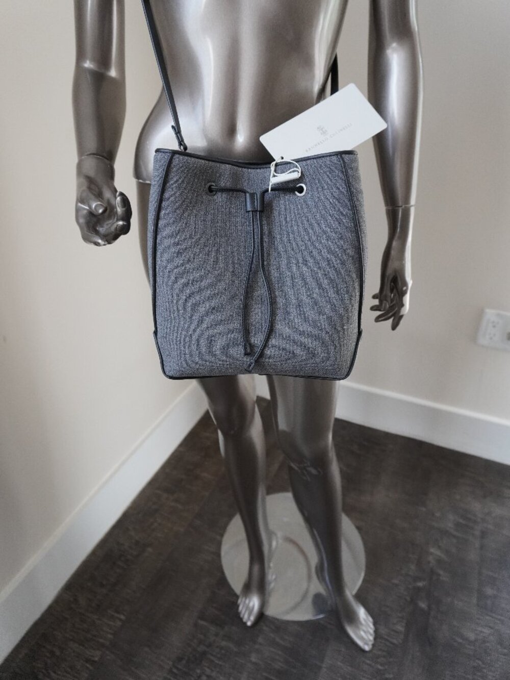 Brunello Cucinelli Duo Medium Bucket Bag Gray Virgin Wool Monili NWT
